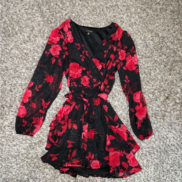 City Triangles Dresses & Skirts - City Triangles Black & Red Floral Wrap Dress with gold accents and Tie Waist